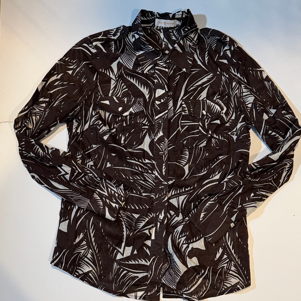 Tory Burch Brown White jungle Leaf Print Blouse sz 8 safari vacation EUC Shirt